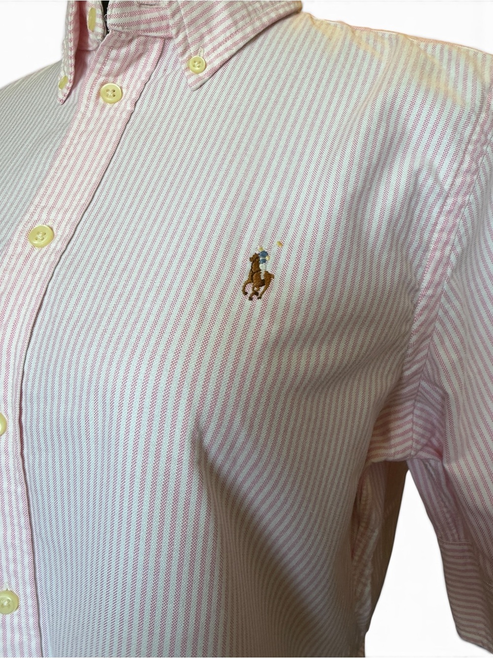 Ralph Lauren Women’s Large Pink White Striped Oxford Button Down Short Sleeve - Picture 4 of 10